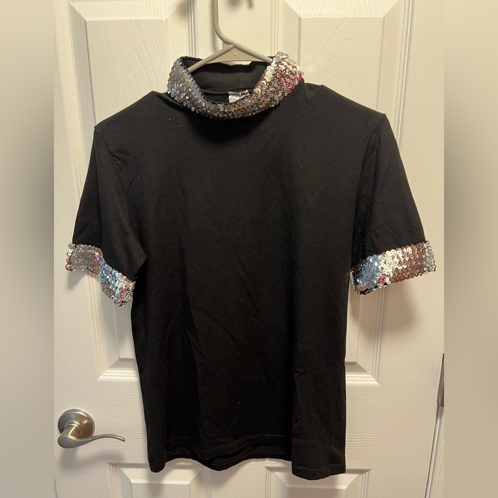 Chic Black Short-Sleeve Top with Silver Sequined Mock Neck & Cuffs